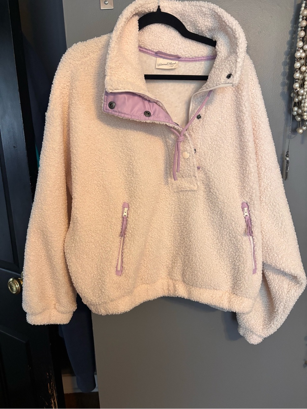 Universal Thread Cream Sherpa Pullover with Lavender Trim